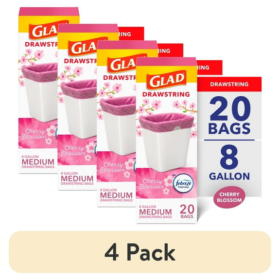 Glad OdorShield Medium Drawstring Trash Bags, 8 Gallon, Febreze Cherry Blossom, 20 Count
