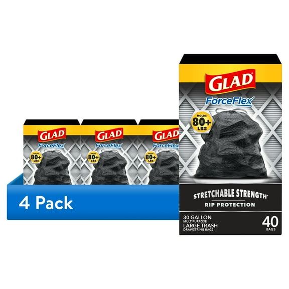 (4 pack) Glad ForceFlex Heavy Duty Large Drawstring Trash Bags, Hold 80+ Pounds, 30 Gallon, 40 Count