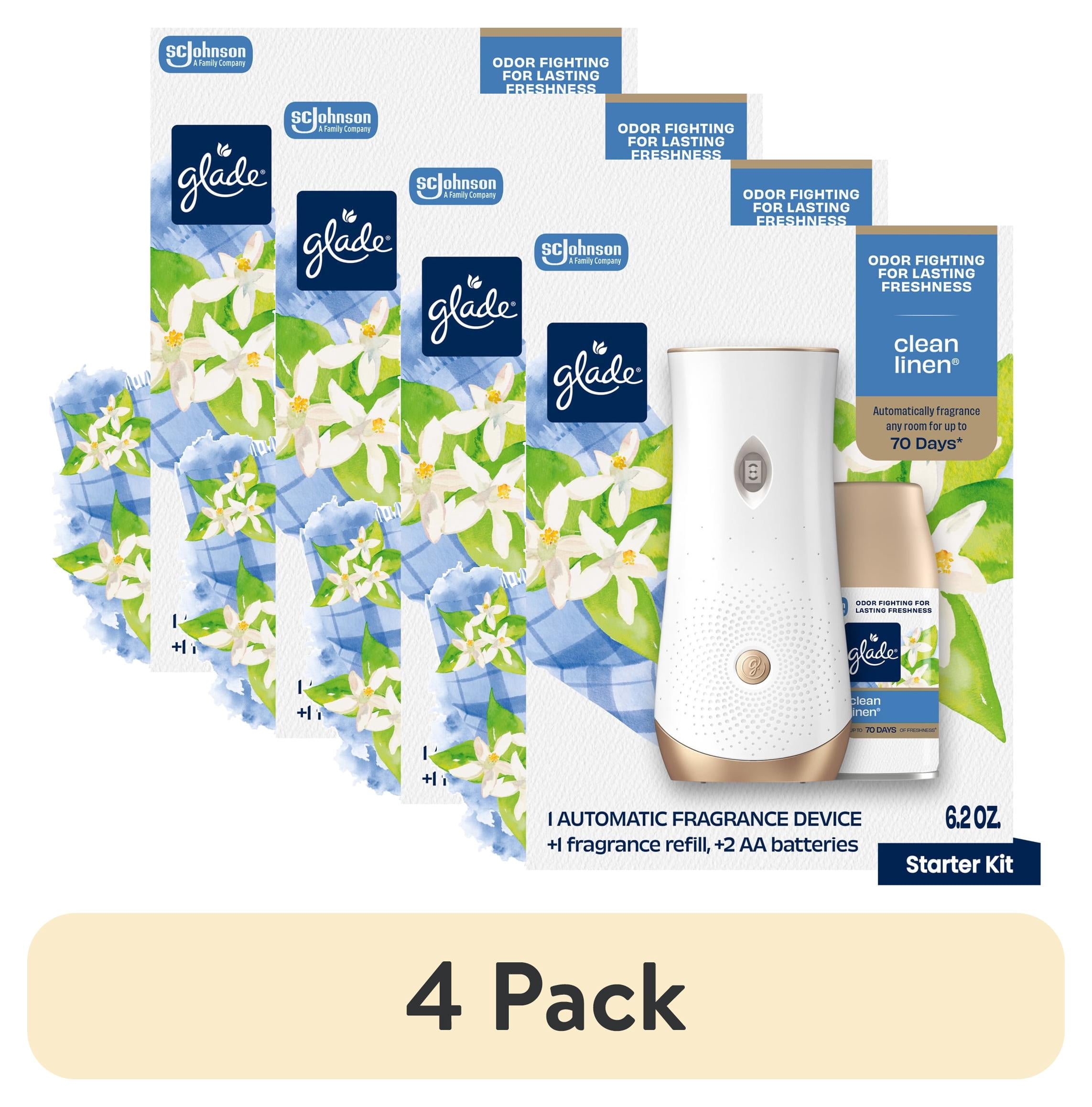 (4 pack) Glade Automatic Spray Air Freshener Starter Kit, 1 Holder and 1 Refill, Mothers Day Gifts, Clean Linen, Fragrance Infused with Essential Oils, 6.2 oz