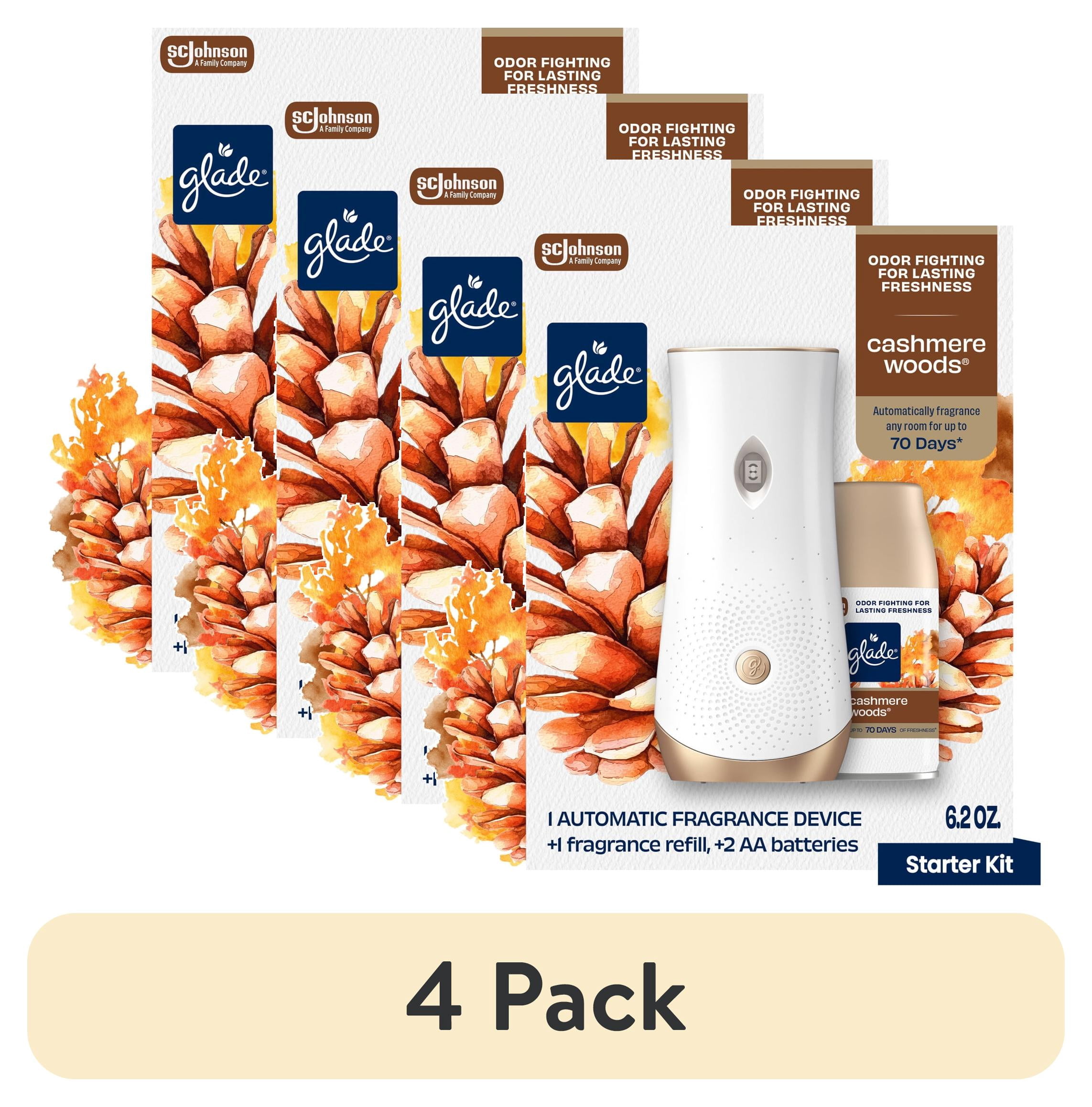 (4 pack) Glade Automatic Spray Air Freshener Starter Kit, Mothers Day Gifts, 1 Holder + 1 Refill, Cashmere Woods, Infused with Essential Oils, 6.2 oz