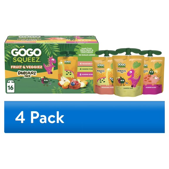 (4 pack) GoGo squeeZ FruitZ & VeggieZ Dino Pear Peach Carrot Applesauce Pouches, 3.2 oz (16 Pack)