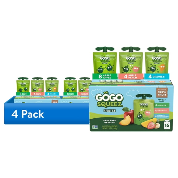 (4 pack) GoGo squeeZ No Sugar Added Apple Peach Gimme 5 Applesauce Variety Pouches, 3.2 oz (16 Pack)