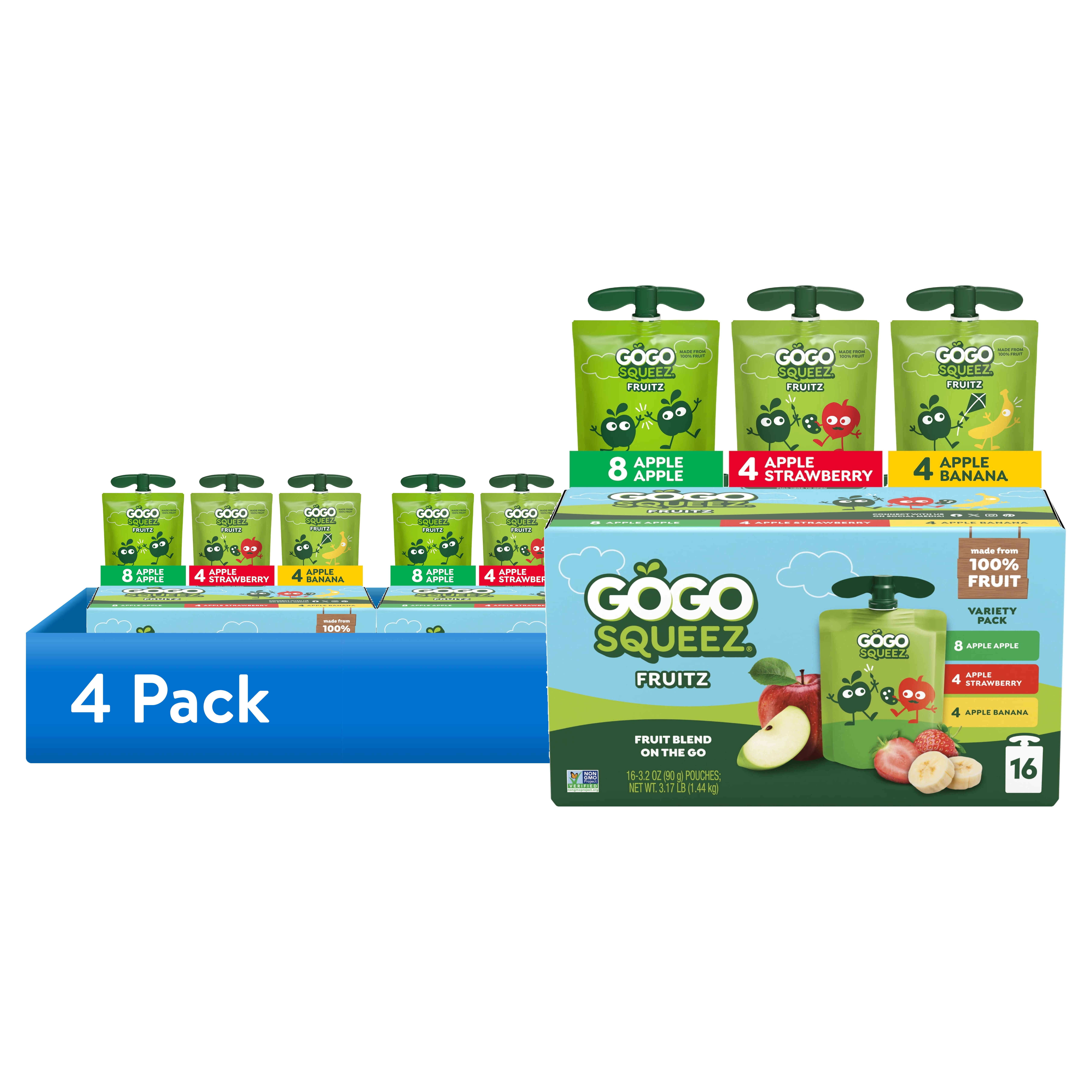 (4 pack) GoGo squeeZ No Sugar Added Banana Strawberry Applesauce Variety Pouches, 3.2 oz (16 Pack)