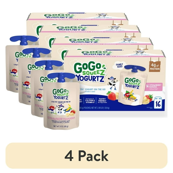 (4 pack) GoGo squeeZ yogurtZ Strawberry Banana Snack Pouches, 3 oz, 16 Pack