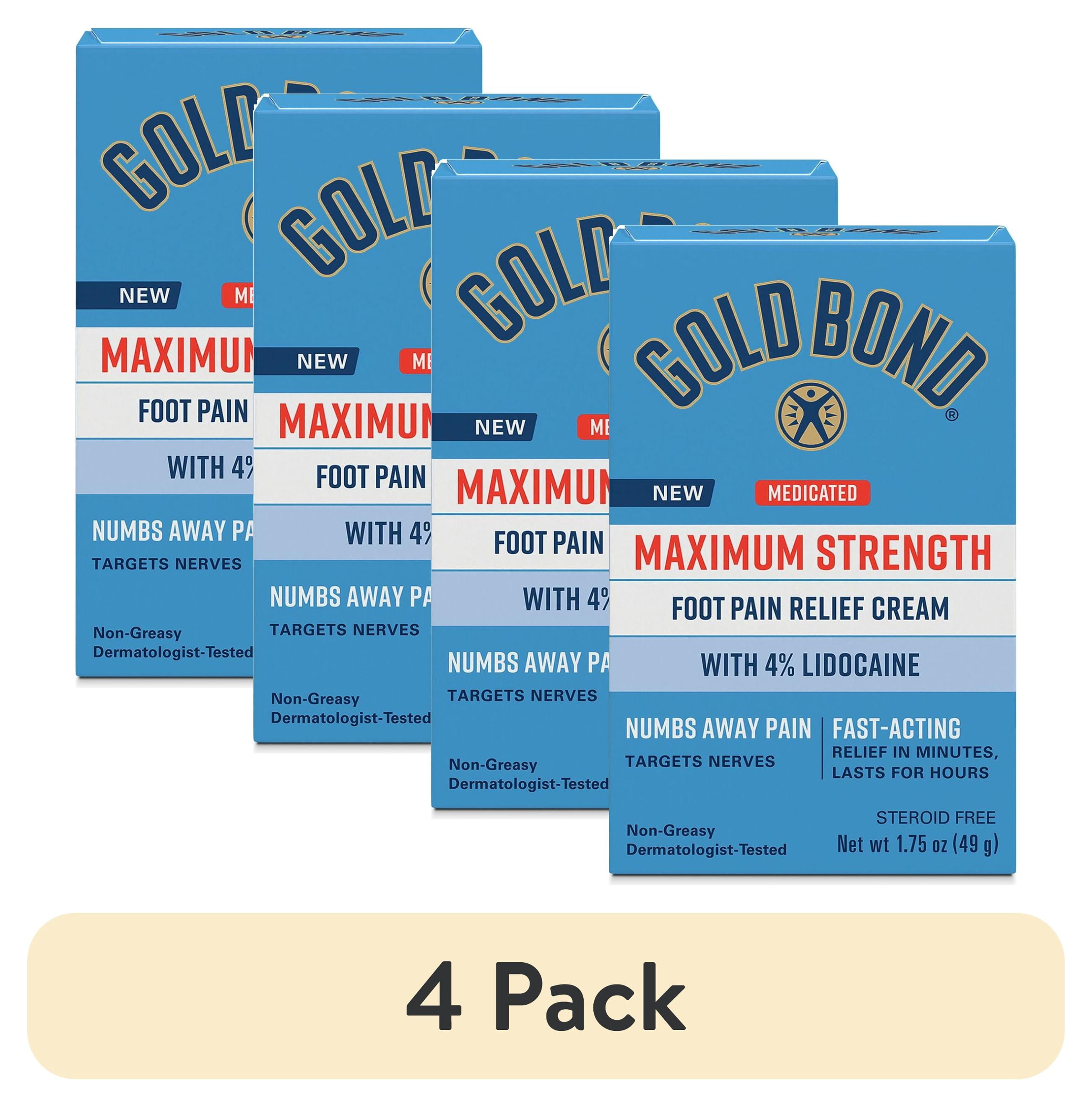 (4 pack) Gold Bond Medicated Foot Pain Relief Cream, Maximum Strength Pain Relief with Lidocaine HCI 4% to Numb Nerve Pain in Feet, Moisturizers and Aloe Soothe Dry Cracked Skin on Heels and Feet, 1.75 oz.