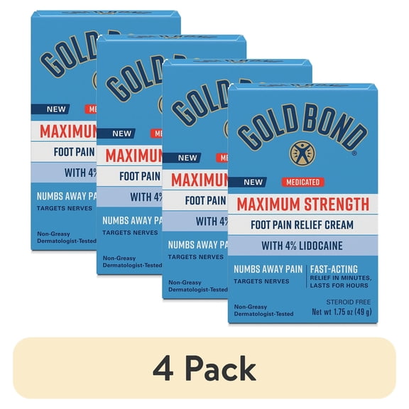 (4 pack) Gold Bond Medicated Foot Pain Relief Cream, Maximum Strength Pain Relief with Lidocaine HCI 4% to Numb Nerve Pain in Feet, Moisturizers and Aloe Soothe Dry Cracked Skin on Heels and Feet, 1.75 oz.