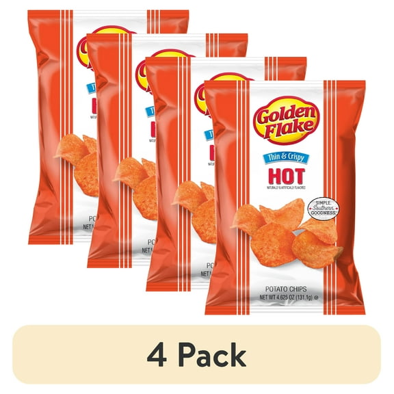 (4 pack) Golden Flake Hot Thin & Crispy Potato Chips, Gluten-Free, 4.625 oz Bag