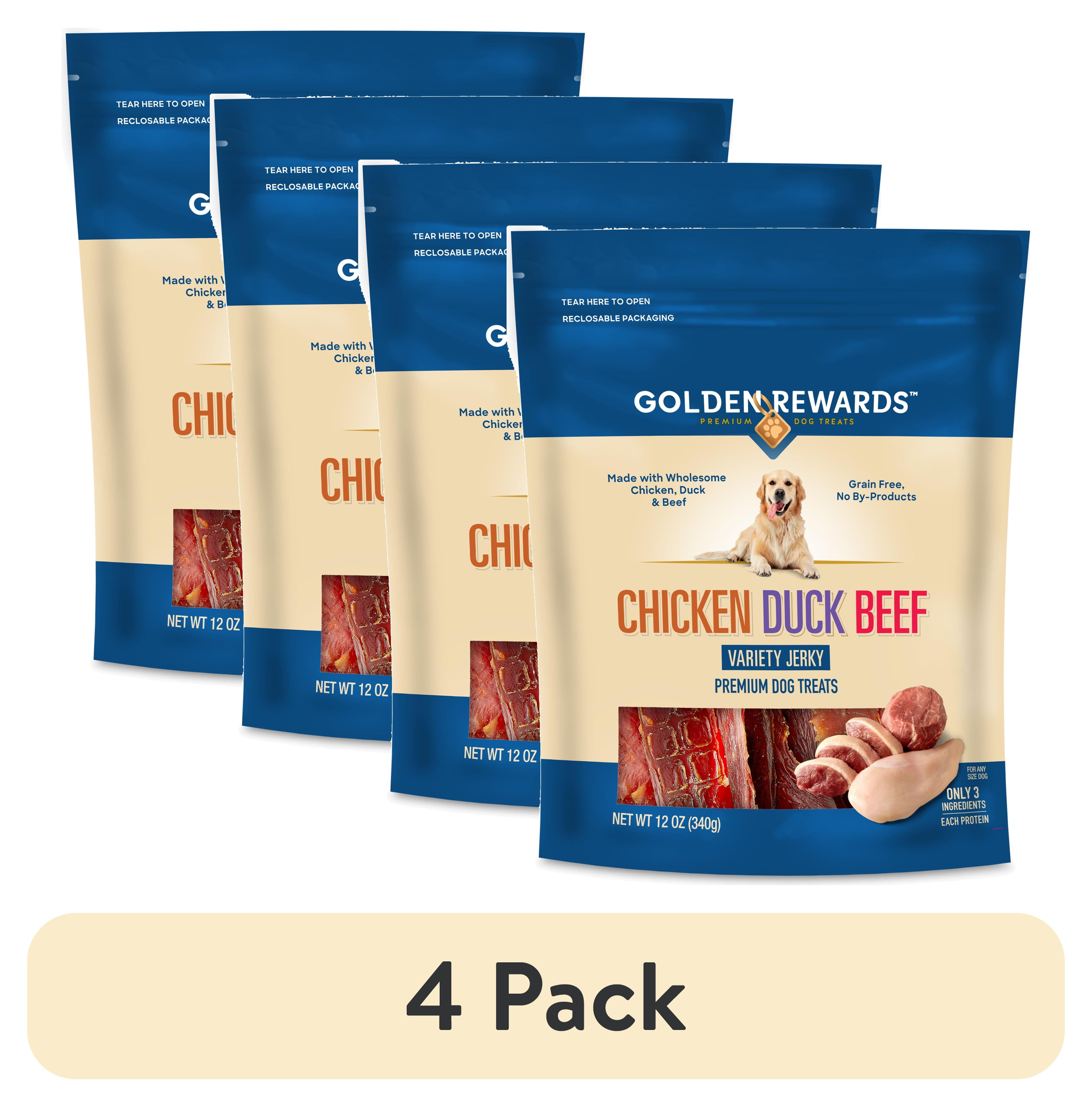 (4 pack) Golden Rewards Chicken, Duck and Beef Premium Variety Dry Jerky Treats for Dogs, 12 oz Bag