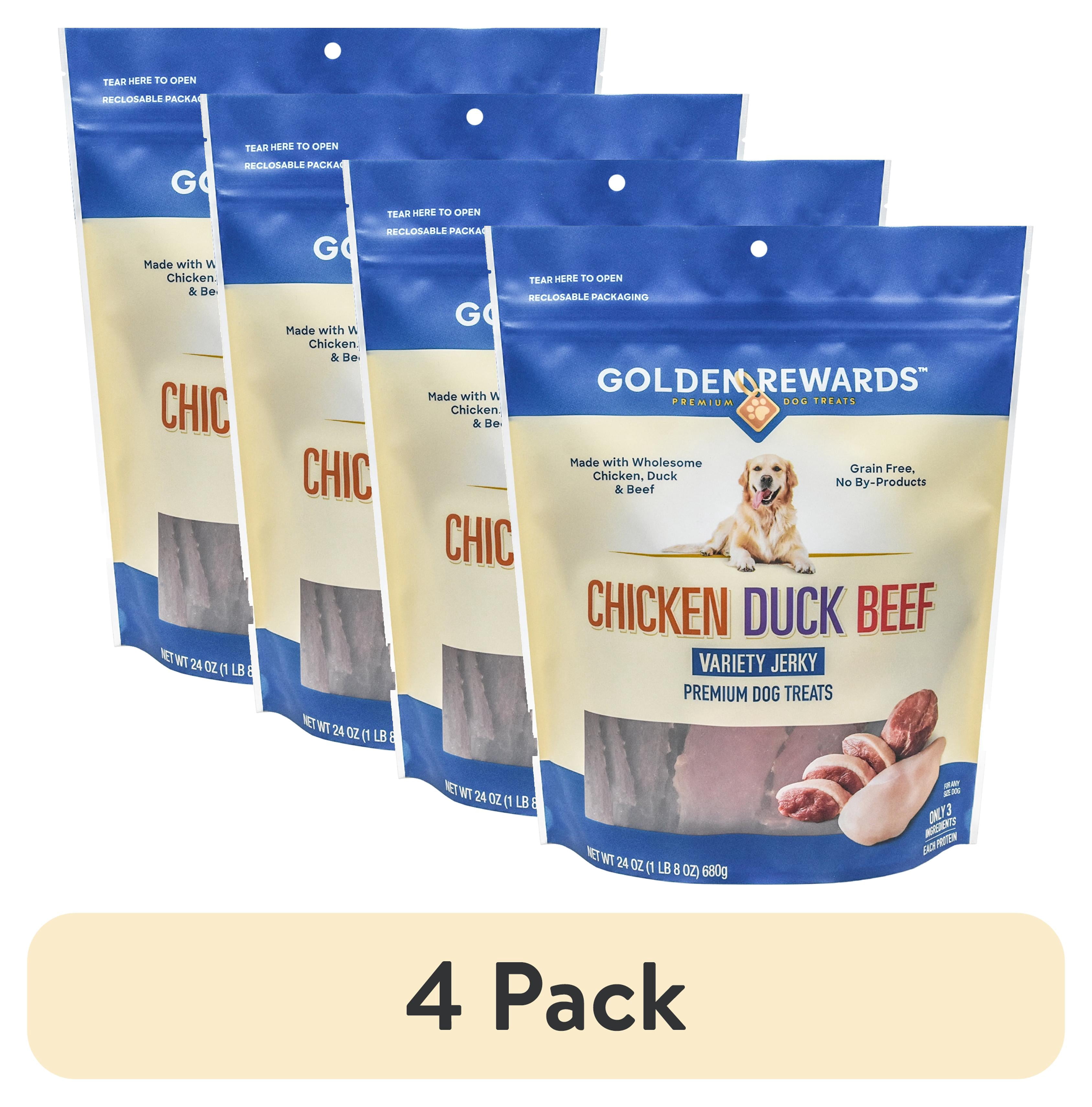 (4 pack) Golden Rewards Chicken, Duck and Beef Premium Variety Dry Jerky Treats for Dogs, 24 oz