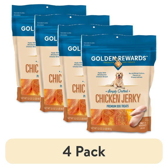 (4 pack) Golden Rewards Chicken Flavor Premium Dry Jerky Treats for All Dogs, 32 oz