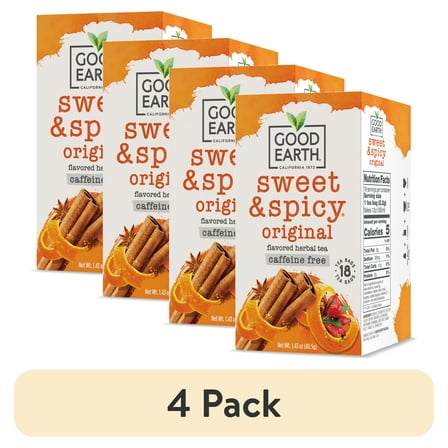 (4 pack) Good Earth Herbal & Black Tea, Sweet & Spicy, Caffeine Free, Tea Bags, 18 Ct