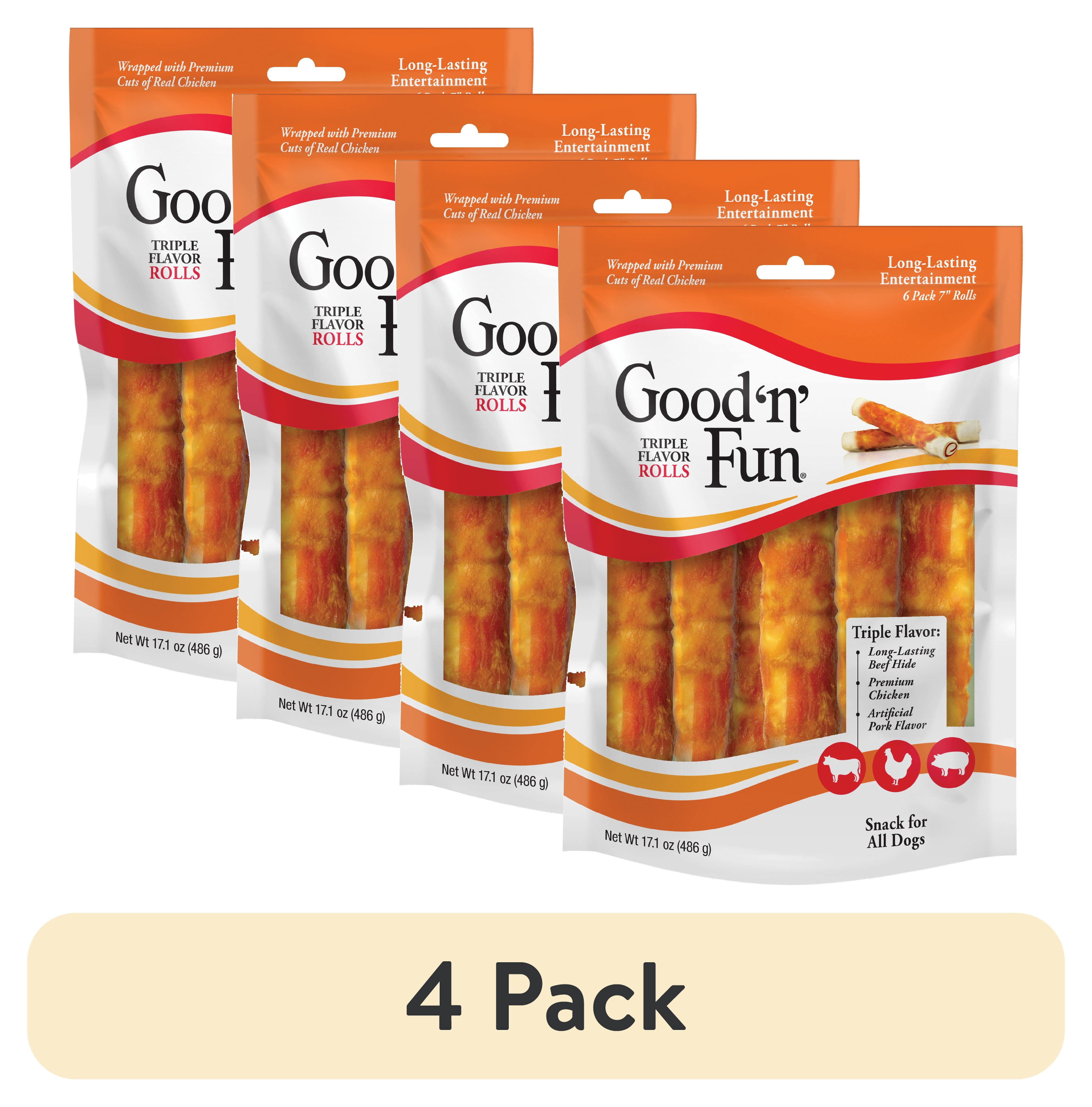(4 pack) Good ’n’ Fun Triple Flavor Chews, 7 Inch Rolls, Rawhide for Dogs, 6 Count