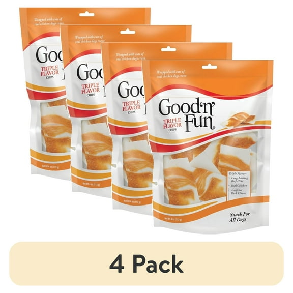 (4 pack) Good 'n' Fun Triple Flavor Chips, Long-Lasting Dog Chews, 4 oz