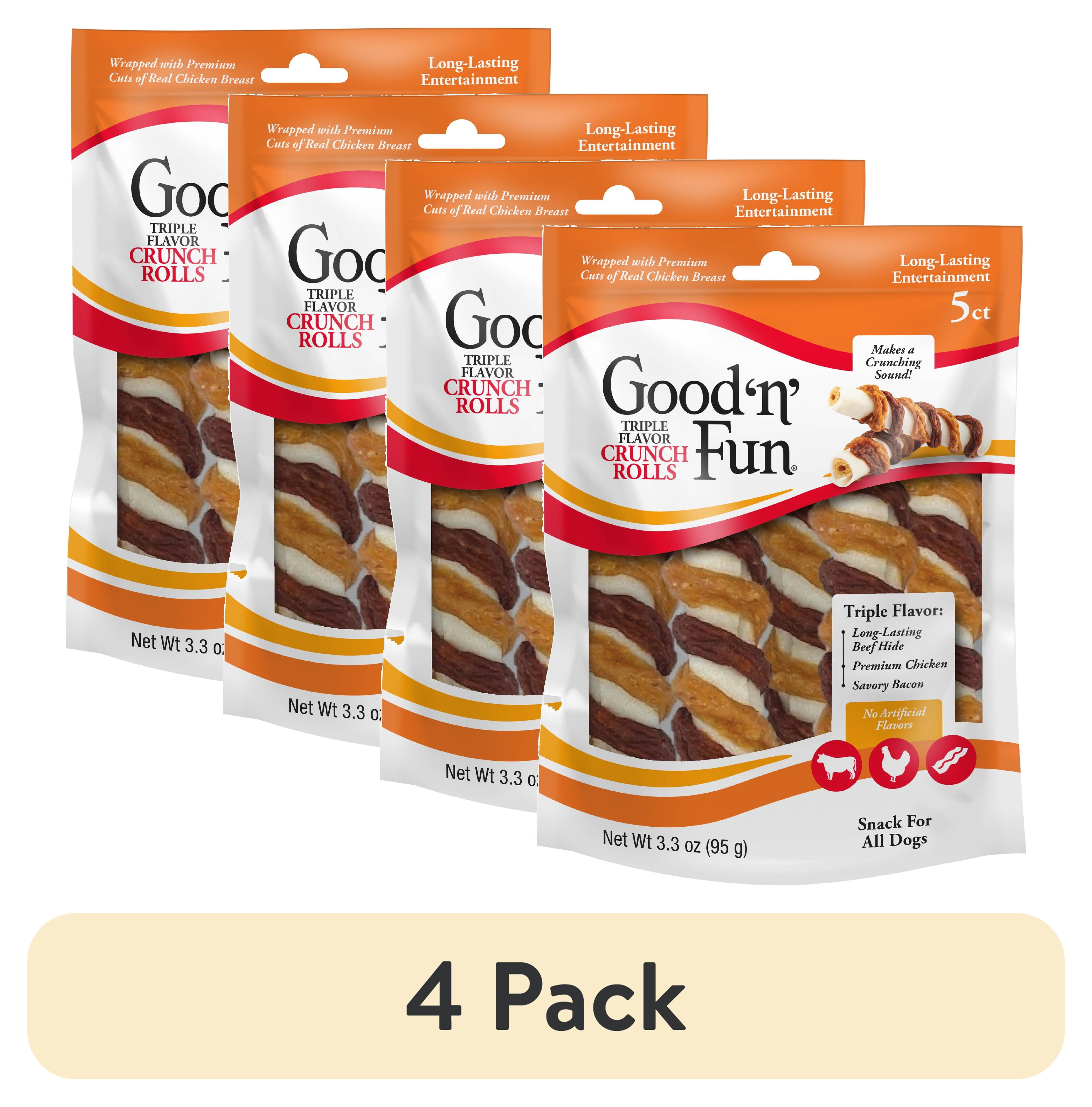 (4 pack) Good ‘n’ Fun Triple Flavor Crunch Rolls, Rawhide Chews for All Dogs, Real Chicken & Bacon, 5 Count