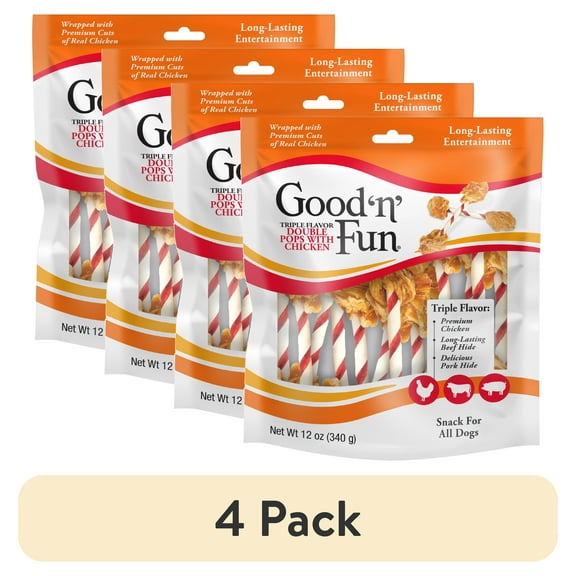 (4 pack) Good ’n’ Fun Triple Flavor Double Pops with Chicken, Rawhide Chews for All Dogs, 12 oz.