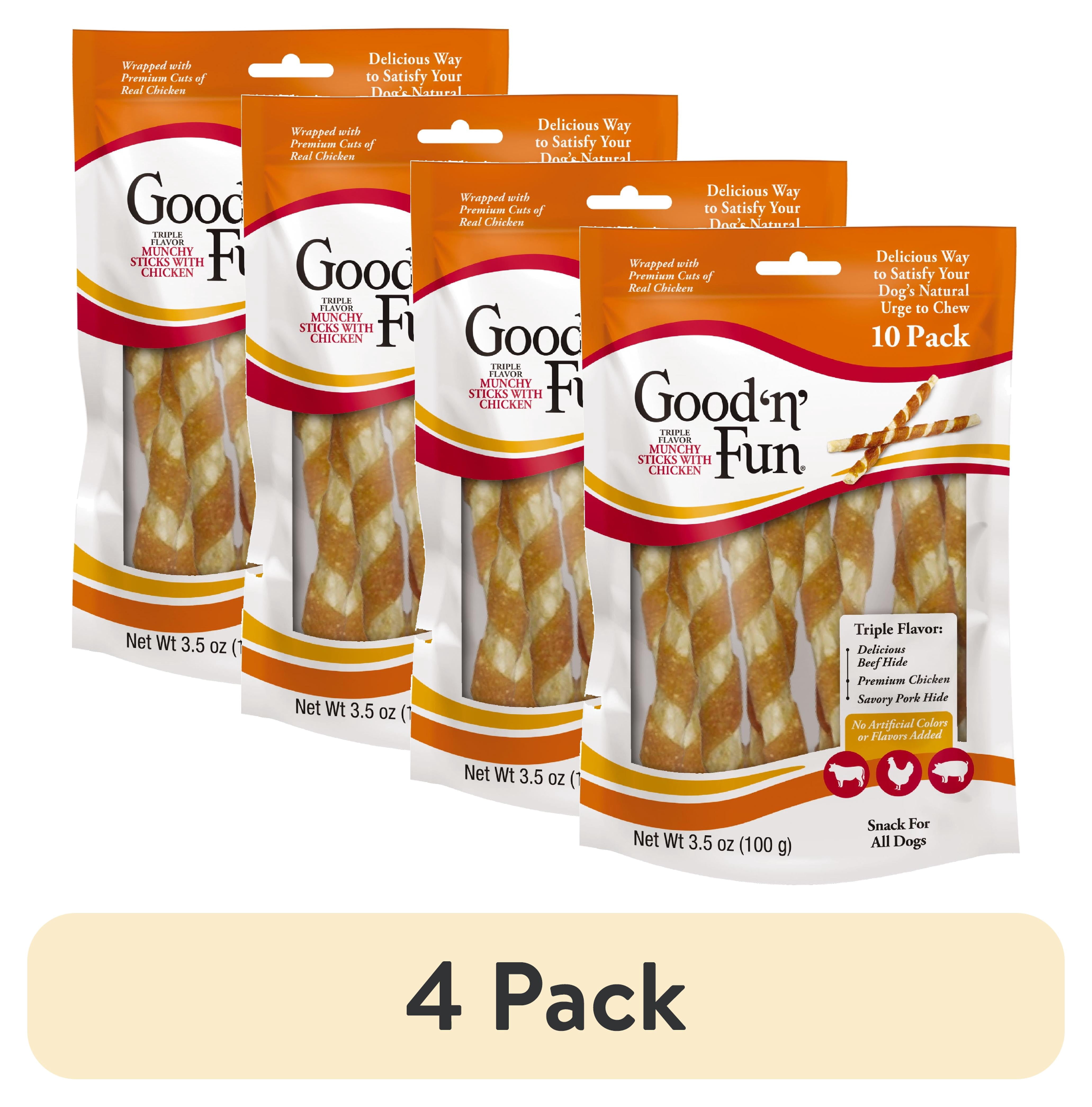 (4 pack) Good ‘n’ Fun Triple Flavor Munchy Sticks Chews for Dogs, Snack for All Dogs Made with Beef Hide, Chicken and Pork Hide, 10 Count