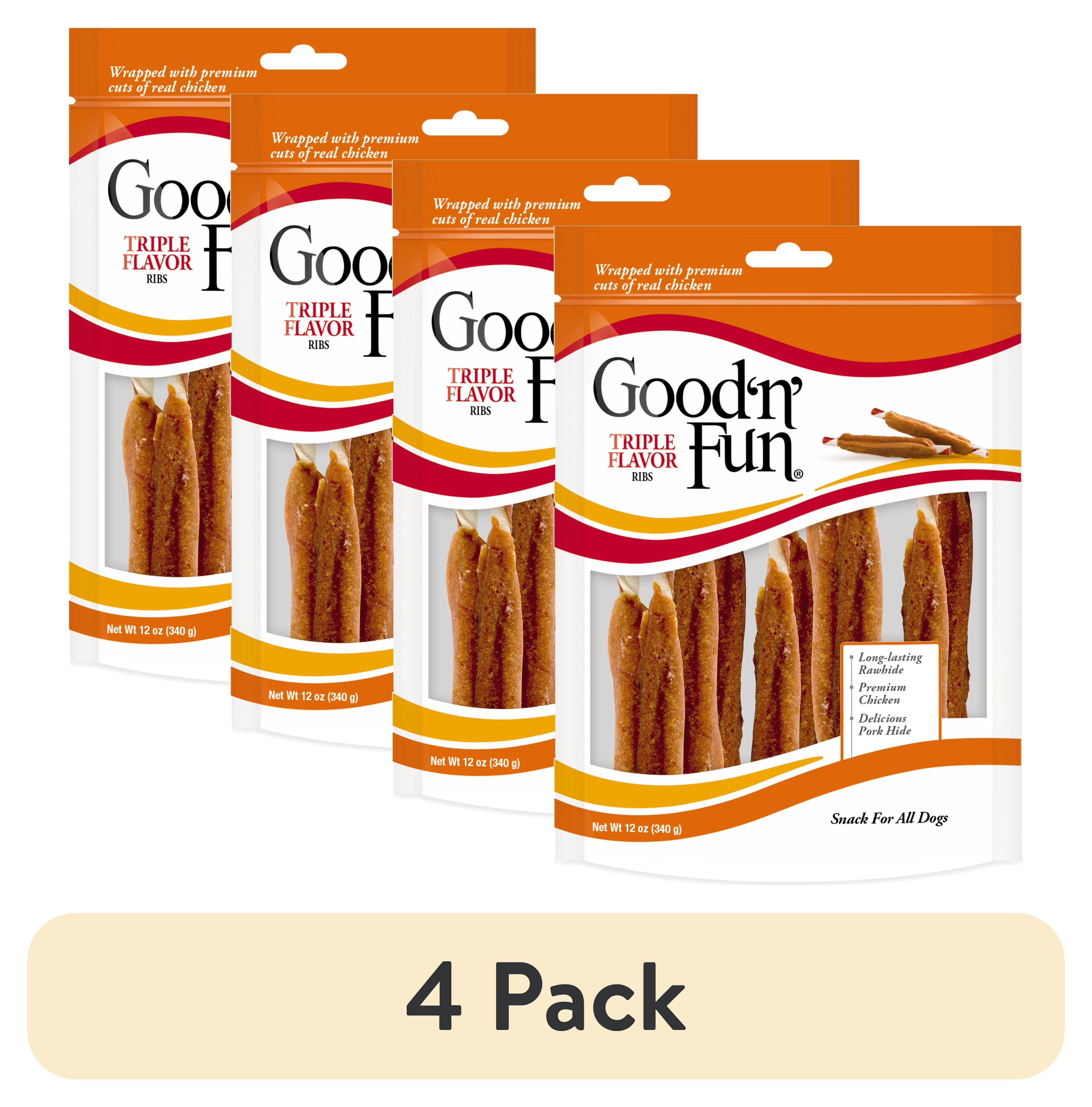 (4 pack) Good ’n’ Fun Triple Flavor Ribs, Rawhide Snack for All Dogs, 12 oz.