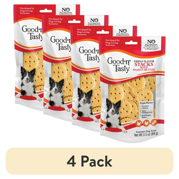 (4 pack) Good ‘n’ Tasty Triple Flavor Stacks, Treats for All Dogs with Chicken and Peanut Butter, 3.5 oz