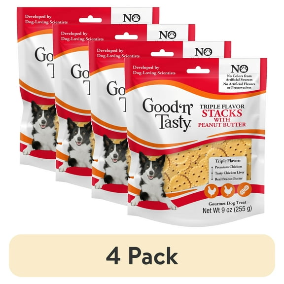 (4 pack) Good ‘n’ Tasty Triple Flavor Stacks, Treats for All Dogs with Chicken and Peanut Butter, 9 oz