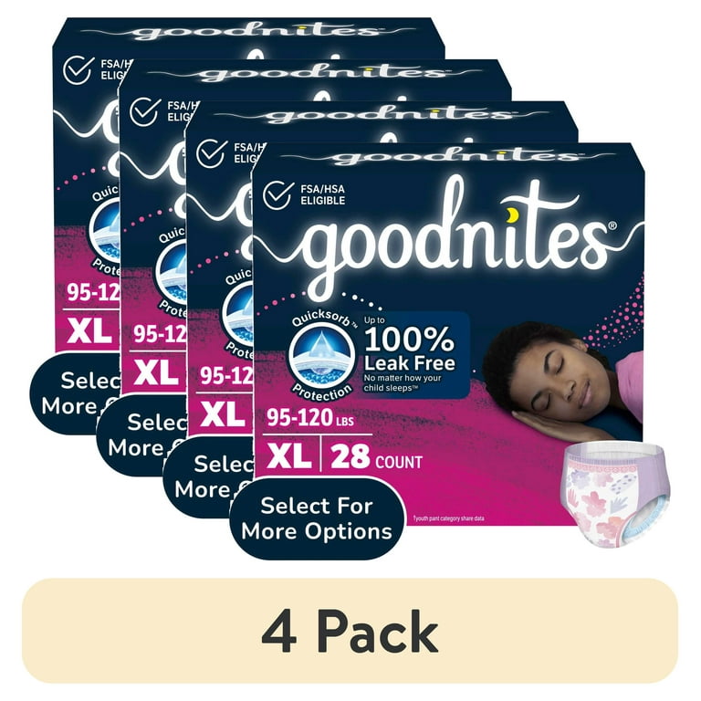 4 pack) Goodnites Girls Nighttime Bedwetting Underwear, XL (95-120