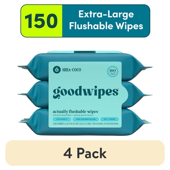 (4 pack) goodwipes Flushable Butt Wipes, Shea-Coco Scented, 3 Pack, 150 Total Wipes