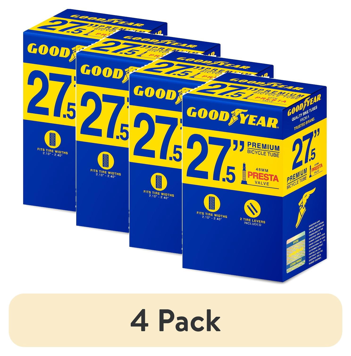 (4 pack) Goodyear 27.5" x 2.1"-2.4" 650b Heavy Duty, Presta Valve Bike Tube, Black