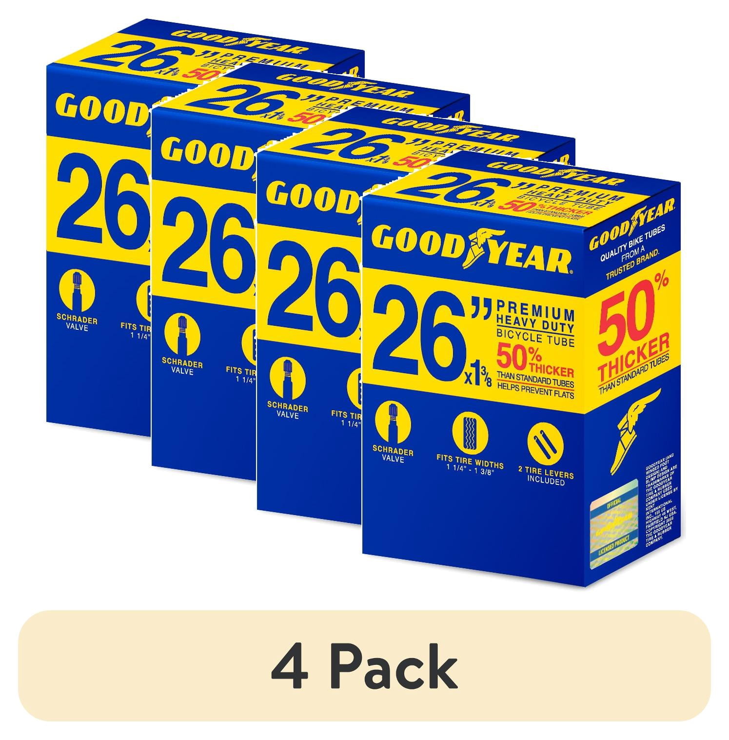 (4 pack) Goodyear Tire 26 in. x 1 3/8 Heavy Duty Bike Tube, Black, Standard Schrader Valve