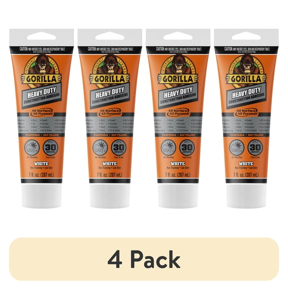 (4 pack) Gorilla Heavy Duty Construction Adhesive, White Glue, 7 Ounce Squeeze Tube
