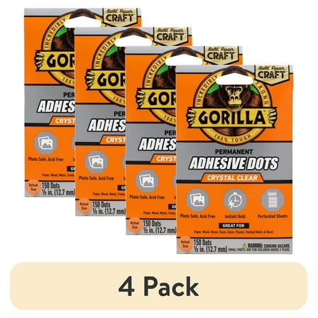 (4 pack) Gorilla Permanent Adhesive Dots, Double-Sided, 150 Pieces, 0.5" Diameter, Clear, (Pack of 1), New