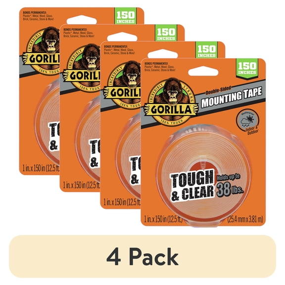 (4 pack) Gorilla Tough & Clear Double Sided Mounting Tape, Clear Tape, 1" x 150"