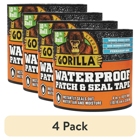 (4 pack) Gorilla Waterproof Patch & Seal Black Tape 4 inch x 10 Foot Roll