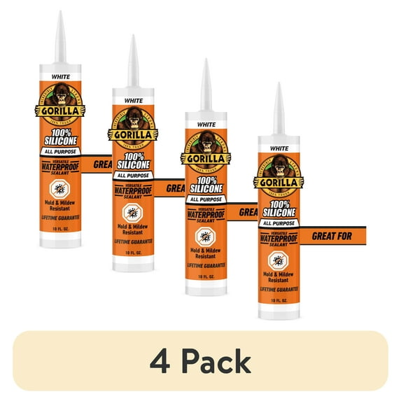 (4 pack) Gorilla Waterproof Caulk & Seal Silicone Sealant, 10oz Cartridge - White Caulking Sealant for Kitchen, Window, Bath, Marine, Door and More