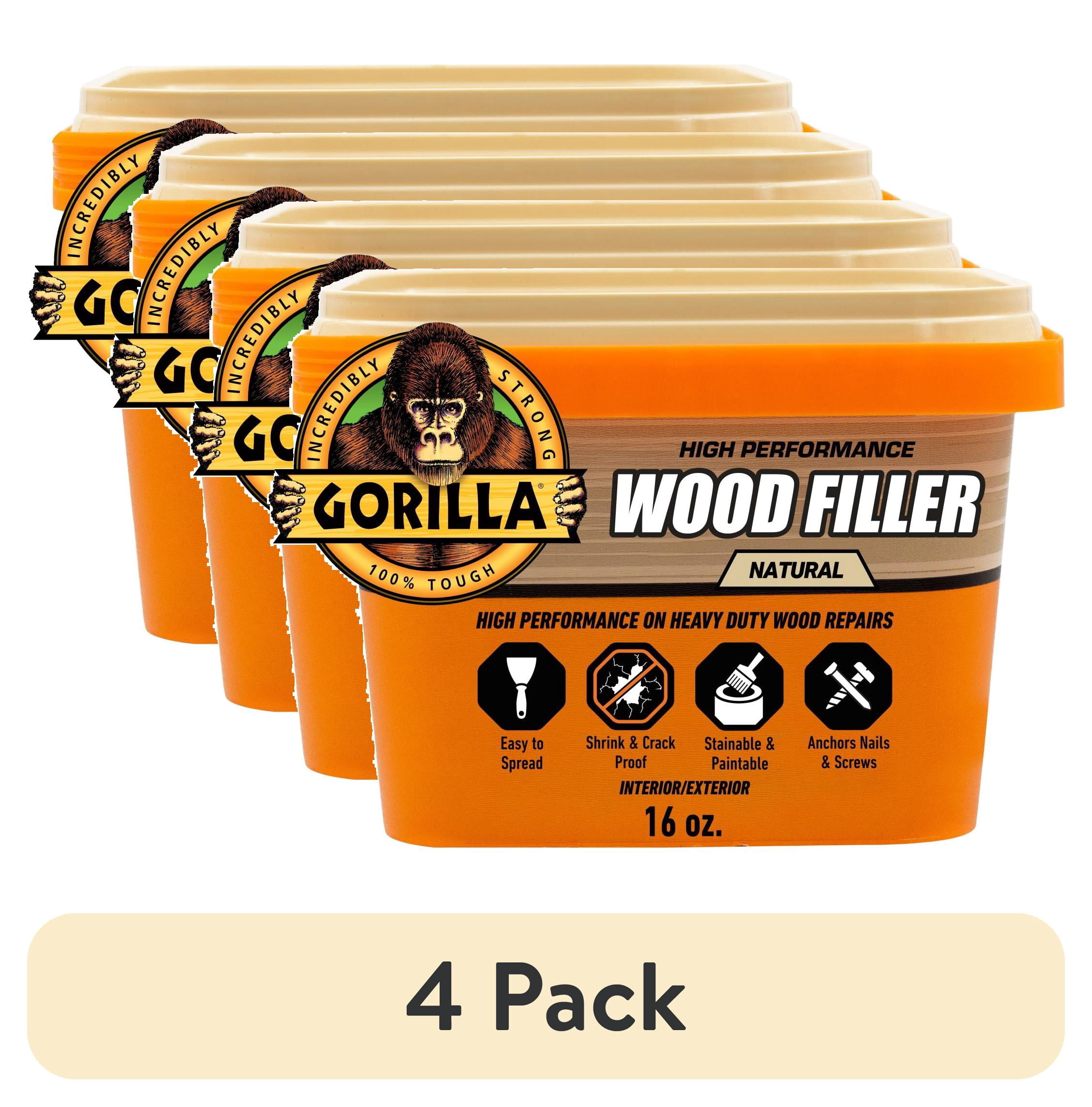 (4 pack) Gorilla All Purpose Wood Filler, Natural Finish, 16 Ounce Tub - Water Resistant for Indoor or Outdoor Projects and Repairs