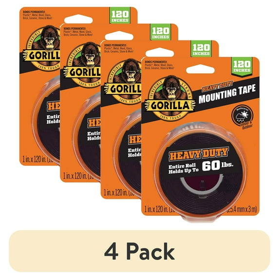(4 pack) Gorilla Heavy Duty Double Sided Mounting Tape, Black Tape, 1" x 120"