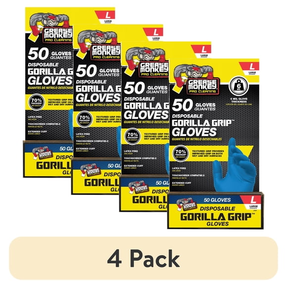 (4 pack) Grease Monkey Pro Cleaning, Disposable Nitrile Gloves, Blue, 50 Count Traction Grip, Male, Large