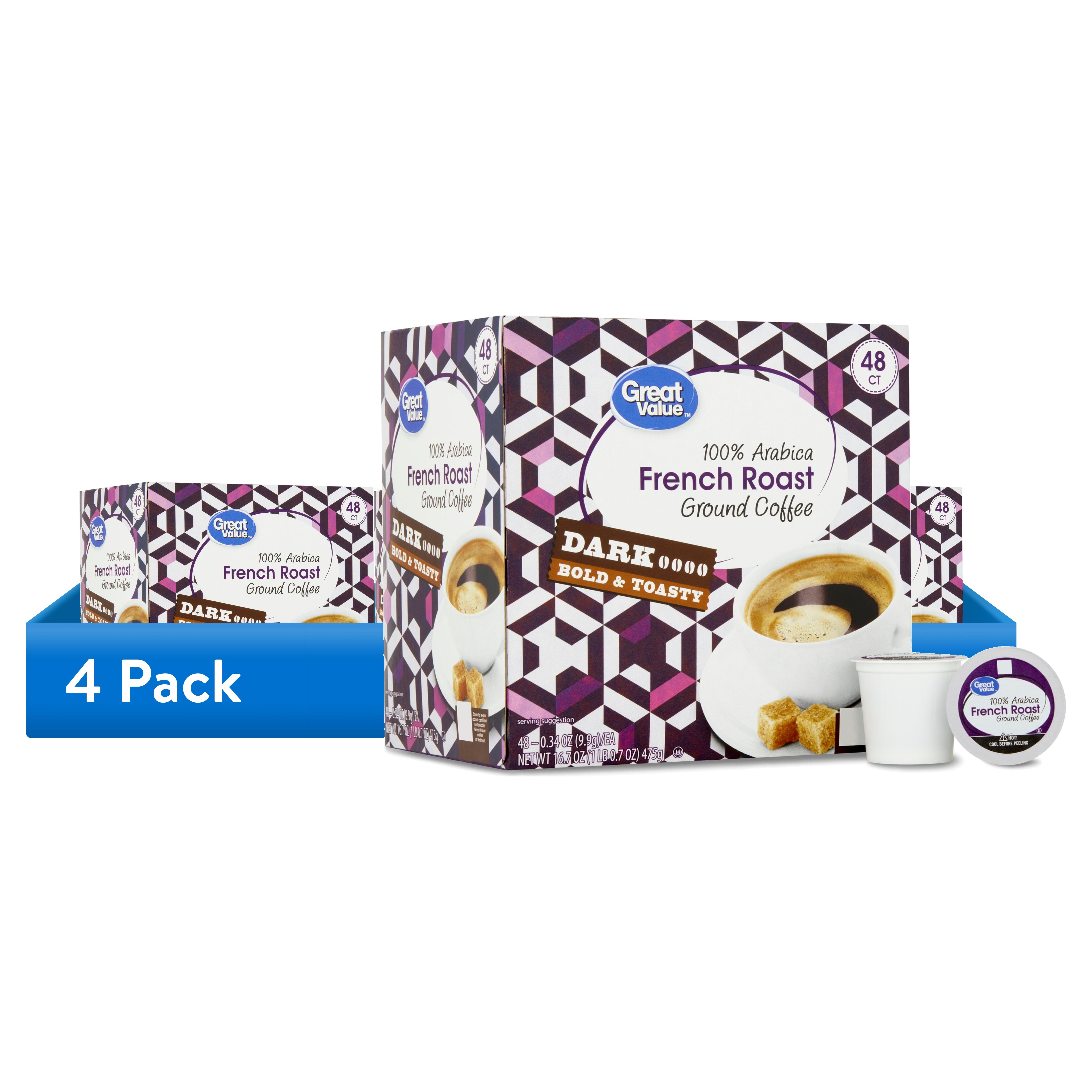 (4 pack) Great Value 100% Arabica French Dark Roast Ground Coffee Pods, 48 Count