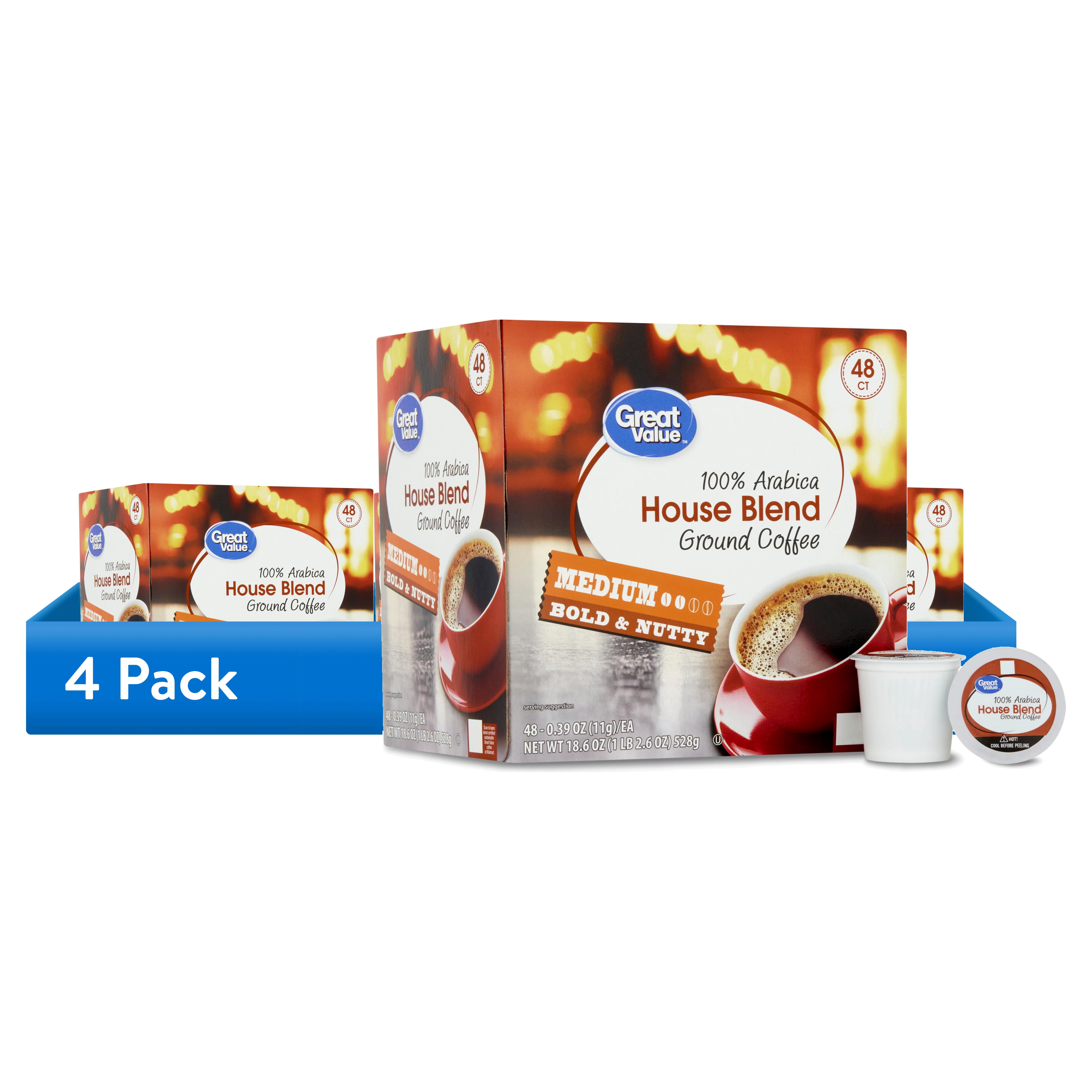 (4 pack) Great Value 100% Arabica House Blend Medium Roast Coffee Pods, 48 Count