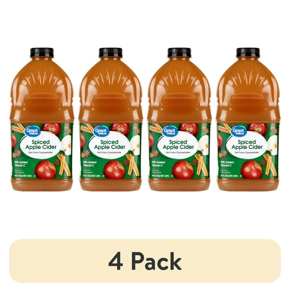 (4 pack) Great Value 100% Fresh-Pressed Spiced Apple Cider, 64 fl oz