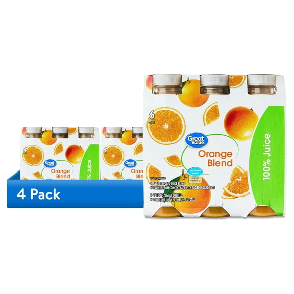 (4 pack) Great Value 100% Juice Orange Blend, 10 fl oz Bottles, 6 Count