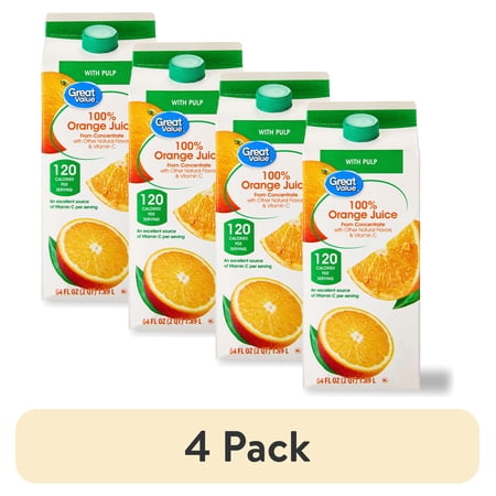 (4 pack) Great Value 100% Orange Juice from Concentrate with Pulp, 64 fl oz