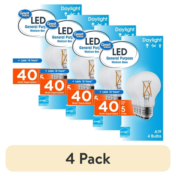 (4 pack) Great Value 18 Year LED Light Bulbs A19 40 Watts Equivalent, E26, Dimmable, Daylight, Clear Glass 4 Pack