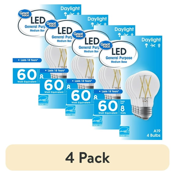 (4 pack) Great Value 18 Year LED Light Bulbs, A19 60 Watts Eqv, E26, Dim, Daylight, Clear Glass, 4 Pack