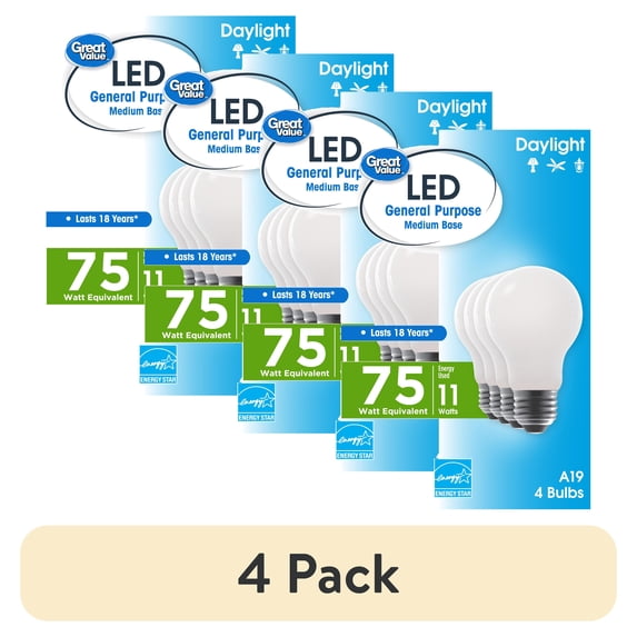 (4 pack) Great Value 18 Year LED Light Bulbs A19 75 Watts Equivalent, E26, Dimmable, Daylight, Frost Glass, 4 Pack
