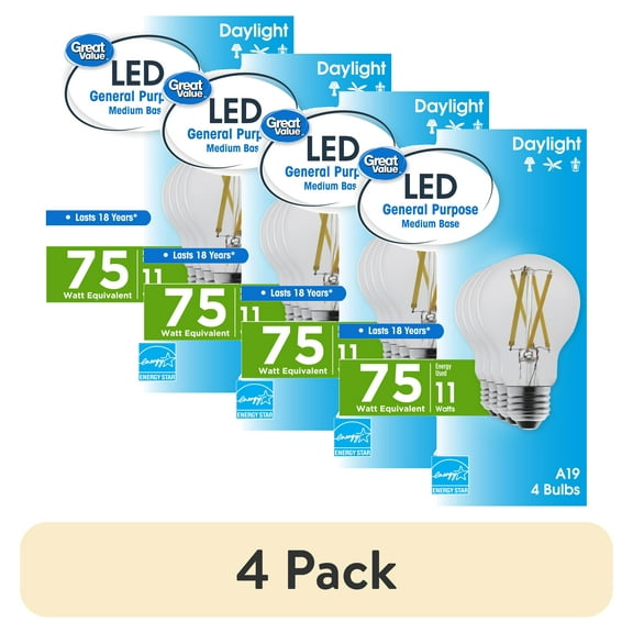 (4 pack) Great Value 18 Year LED Light Bulbs, A19 75 Watts Eqv, E26, Dim, Daylight, Clear Glass, 4 Pack