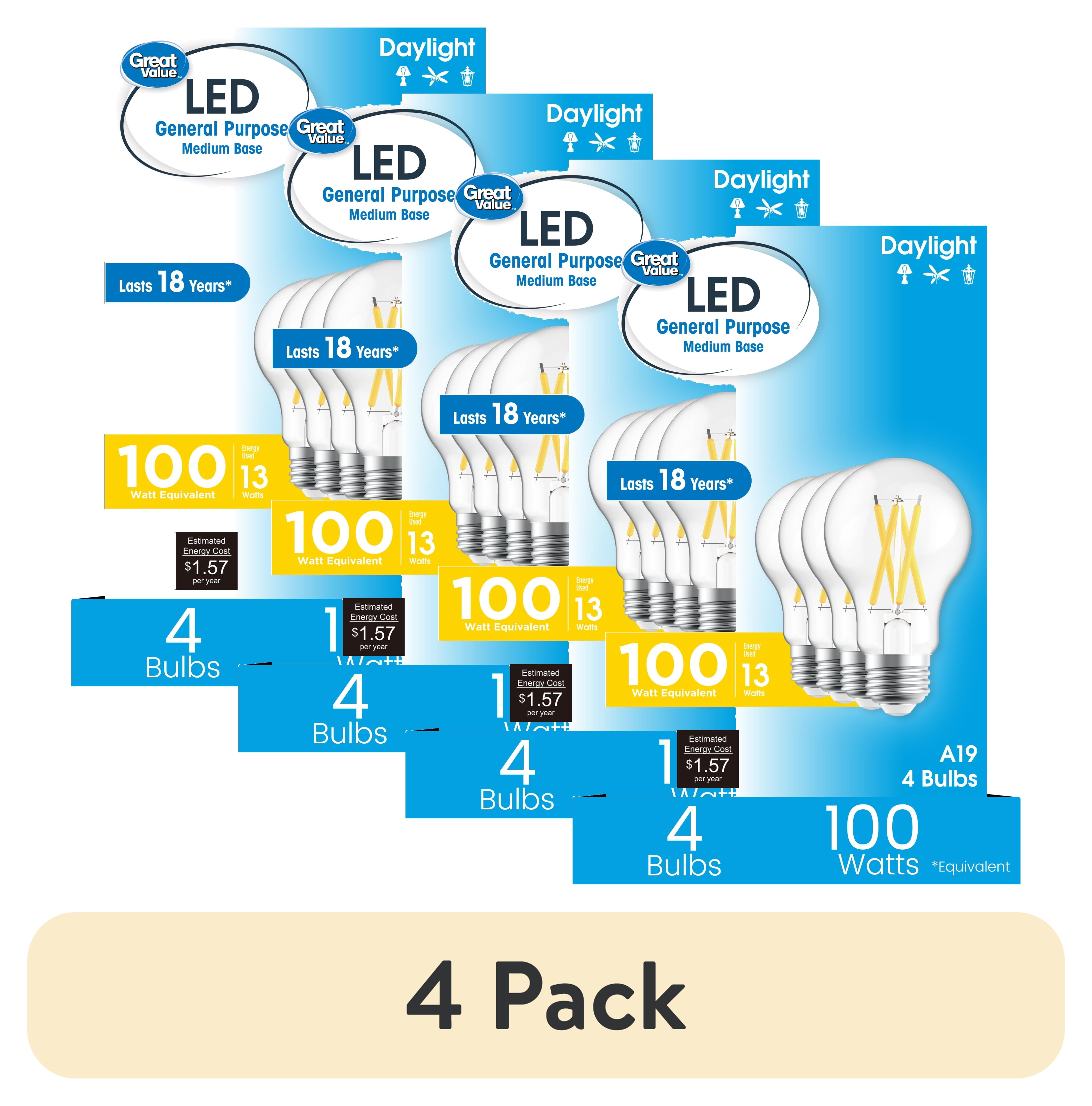 (4 pack) Great Value 18YR A19 LED Light Bulb, 13W (100W Equivalent) Daylight Dimmable E26 Medium Base (4 Pack)