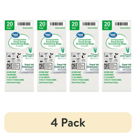 (4 pack) Great Value 3-Gallon Small Compostable Trash Bags, 20 Bag