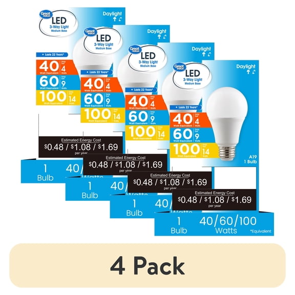 (4 pack) Great Value 3-Way A19 LED Light Bulb, 40/60/100 Watts Tunable, Daylight, E26 Medium Base (1 Pack)