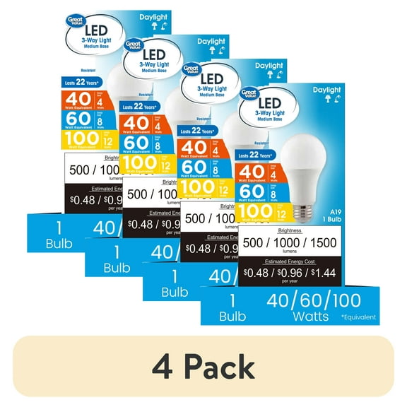 (4 pack) Great Value 3-Way A19 LED Light Bulb, 40/60/100 Watts Daylight Selectable Bulb in E26 Medium Base