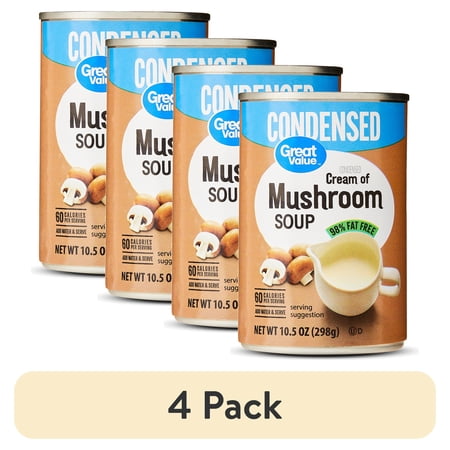 (4 pack) Great Value 98% Fat Free Cream of Mushroom Condensed Soup, 10.5 oz