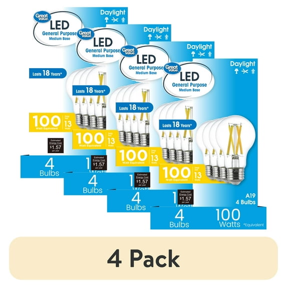(4 pack) Great Value 18YR A19 LED Light Bulb, 13W (100W Equivalent) Dimmable Daylight E26 Medium Base (4 Pack)